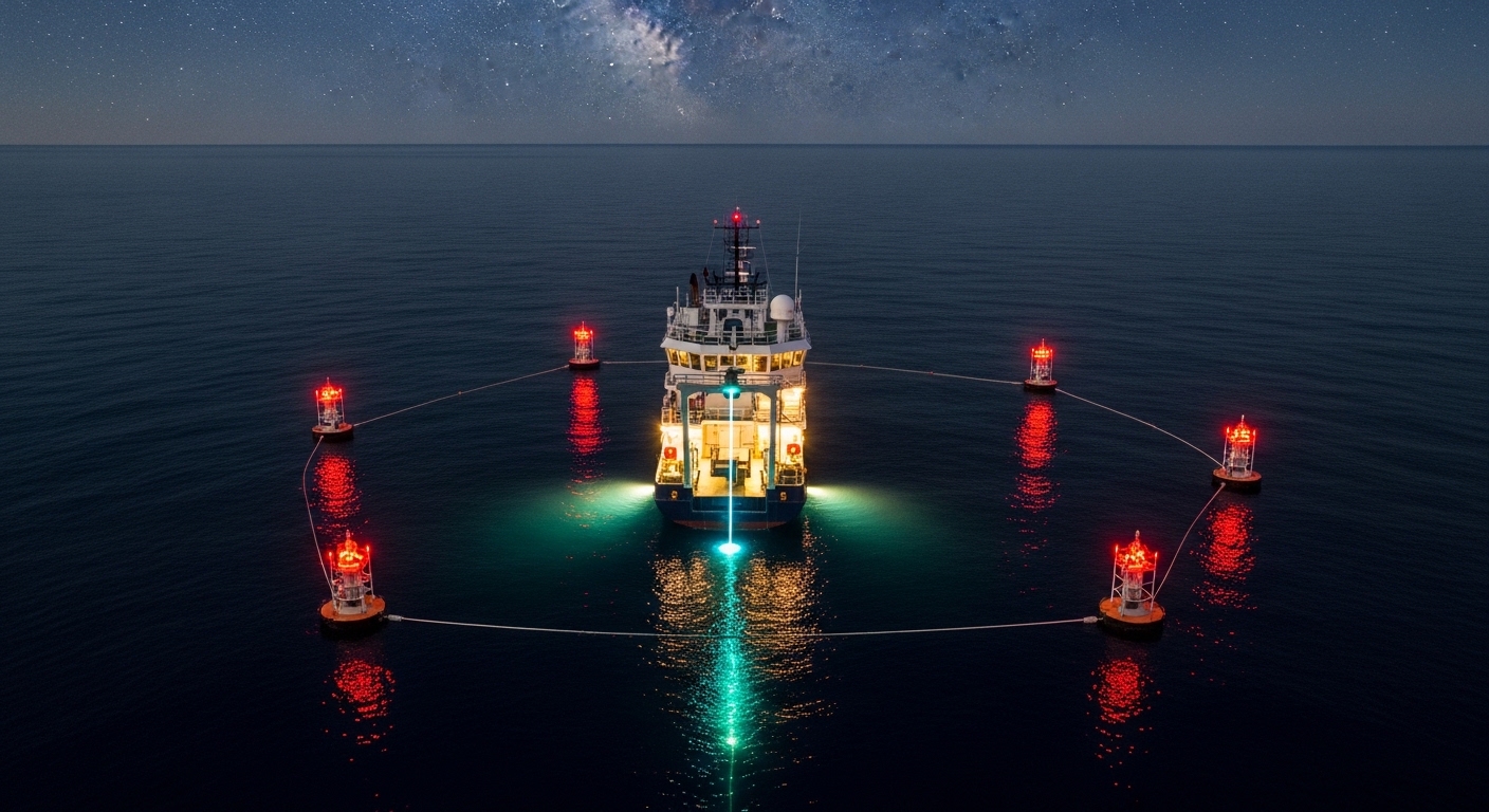 Research vessel deploying deep-sea monitoring equipment