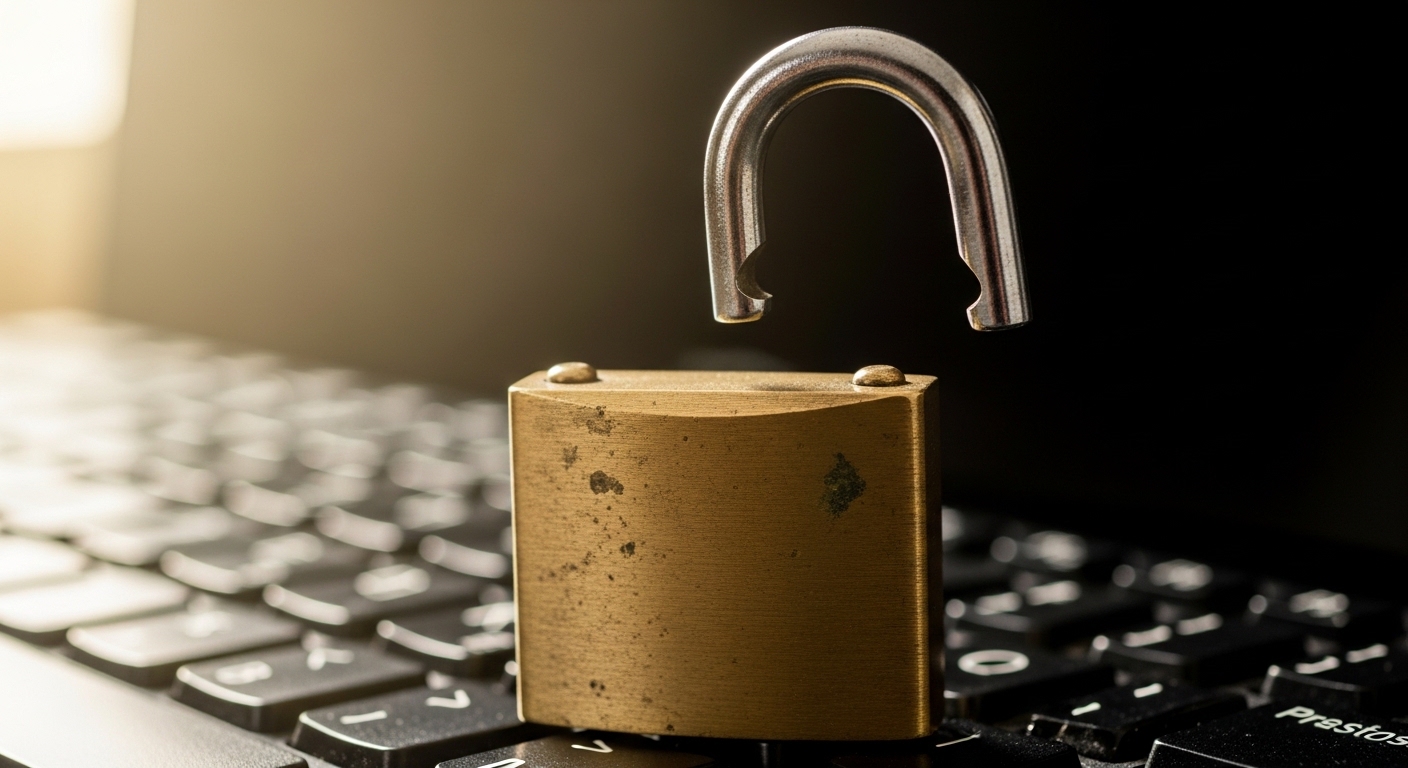 Open padlock resting on computer keyboard
