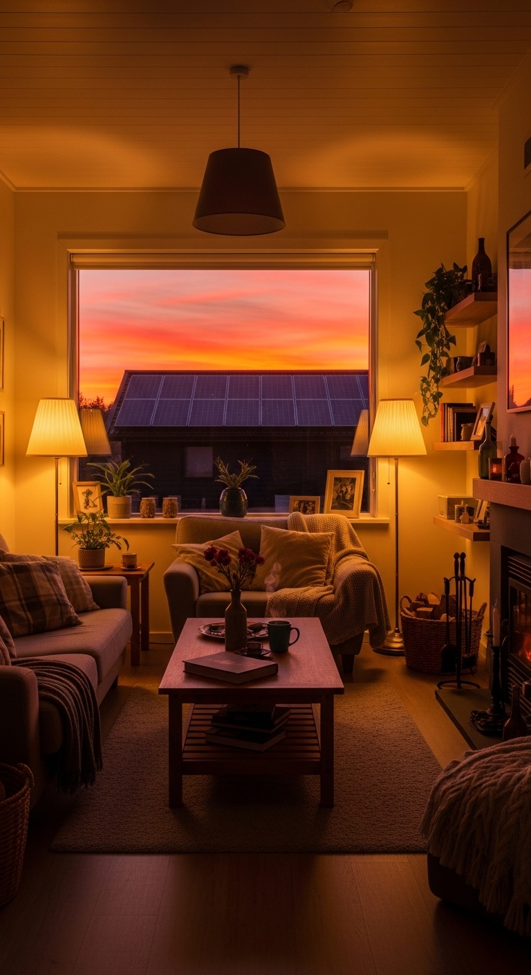 Intérieur chaleureux d'une maison autonome au coucher du soleil