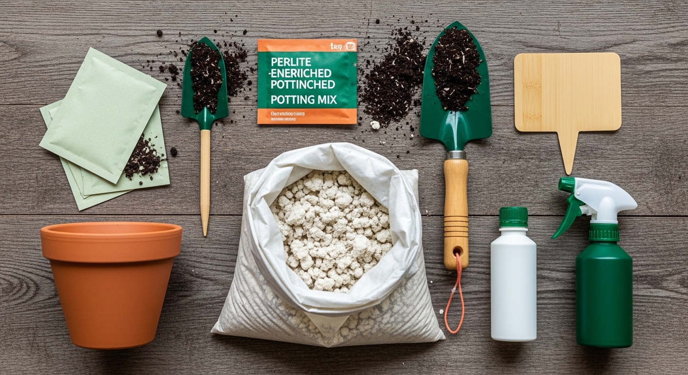 Overhead flat lay of beginner container gardening tools and supplies