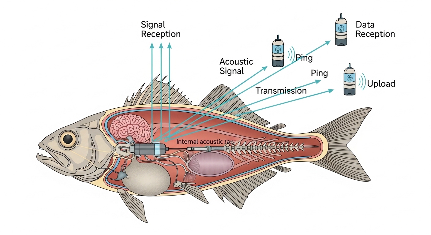 Diagram of acoustic tag inside fish transmitting to underwater receivers