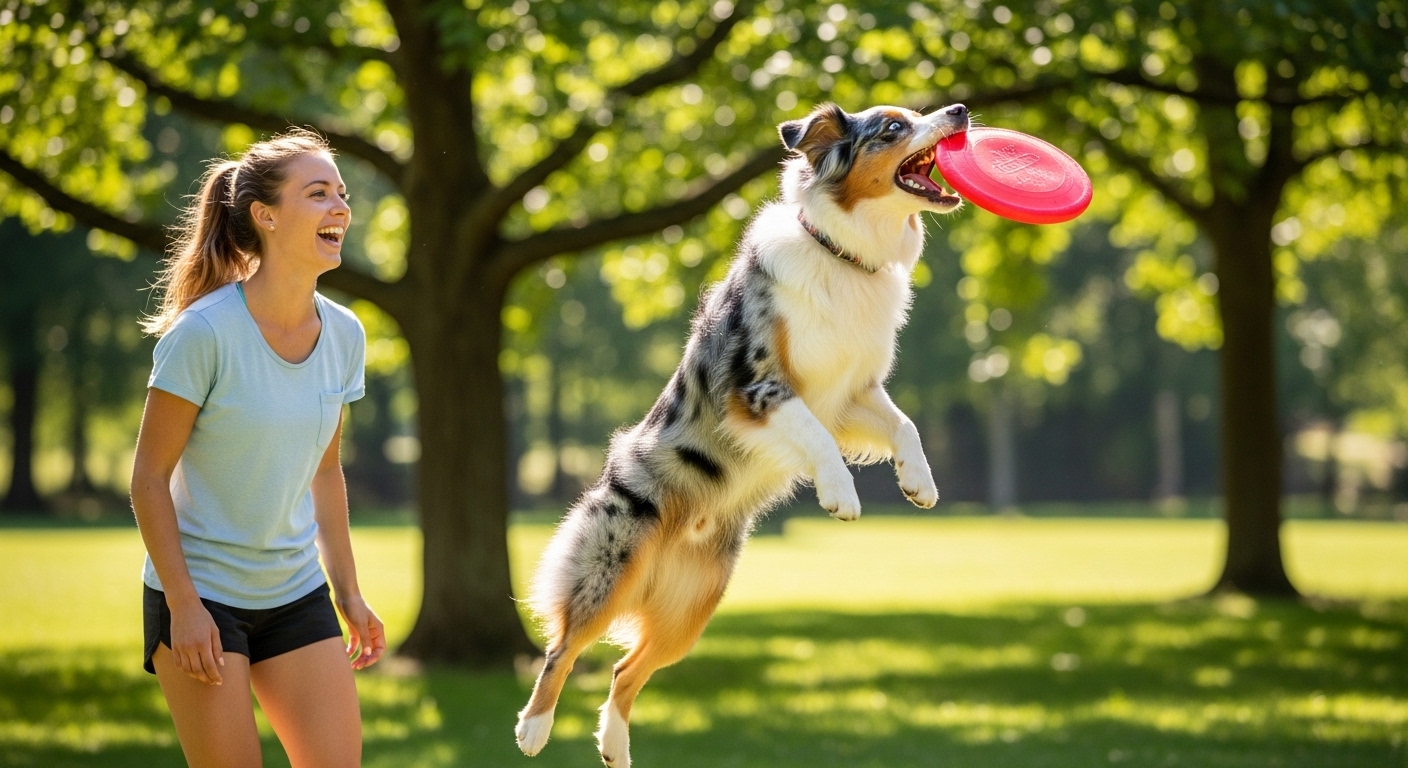 Australian Shepherd catching frisbee with owner in a sunny park