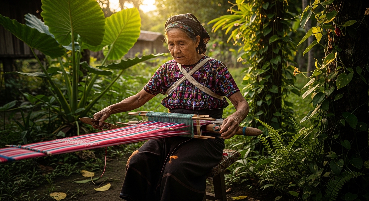 Elderly woman weaving on traditional backstrap loom outdoors