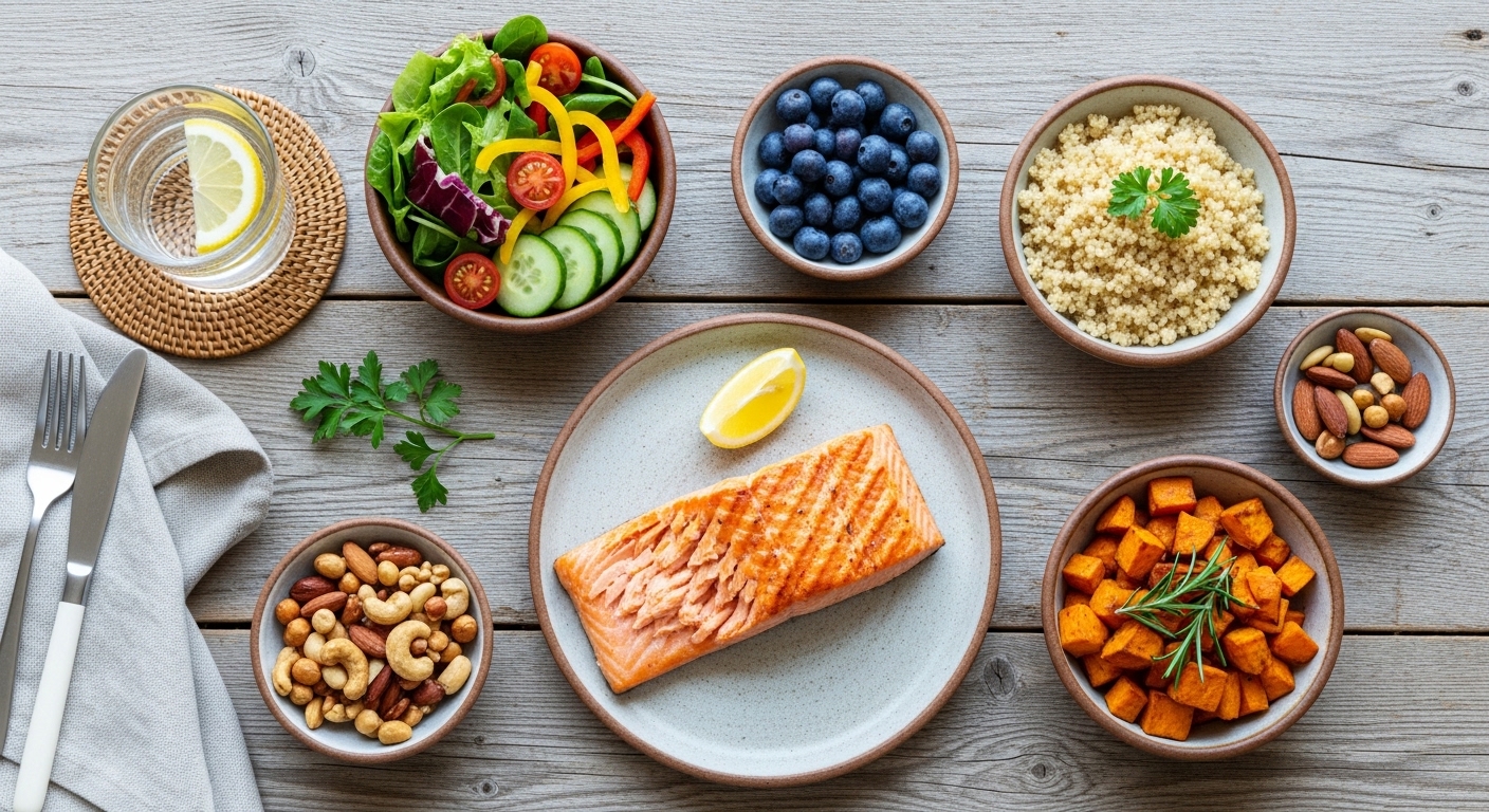 Overhead view of balanced healthy meal for metabolic health
