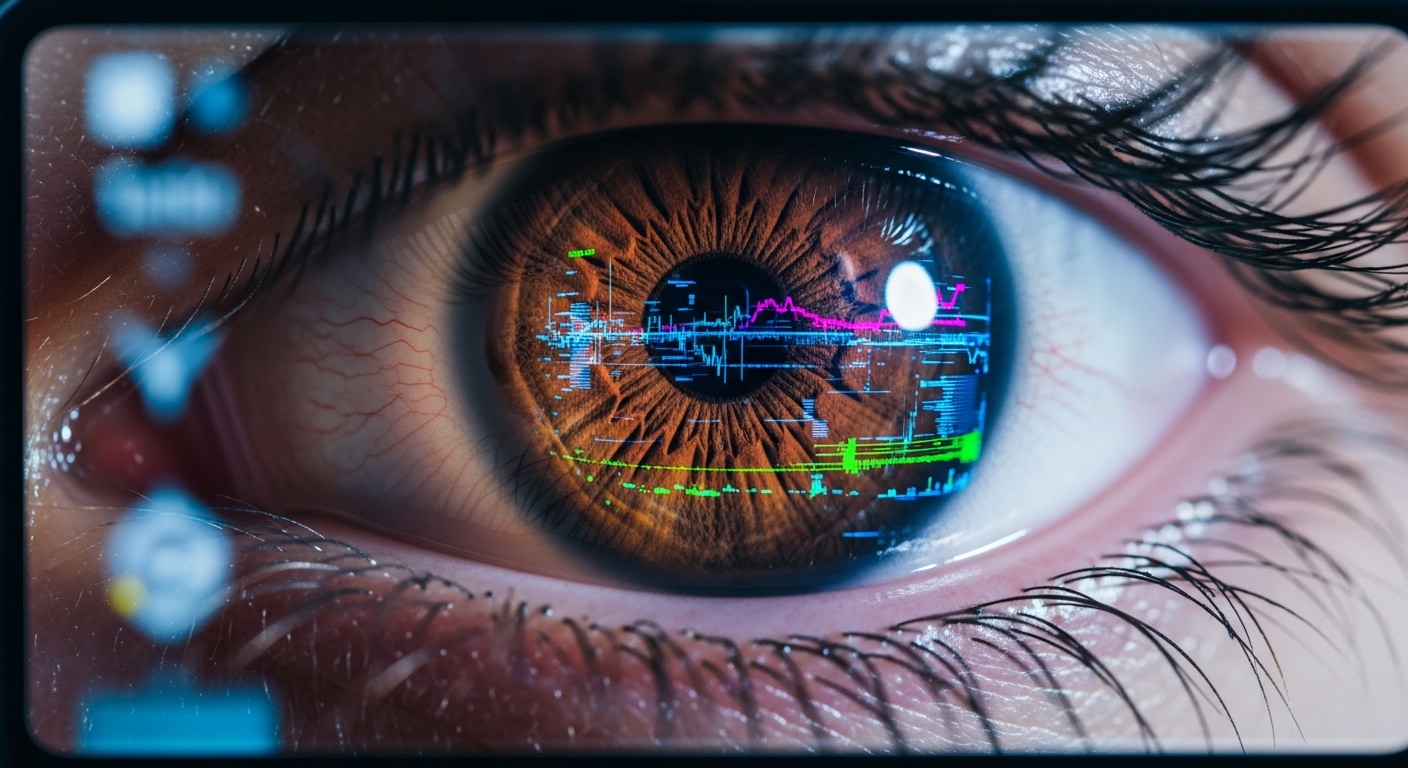 Eye reflected in smartphone screen with data streams