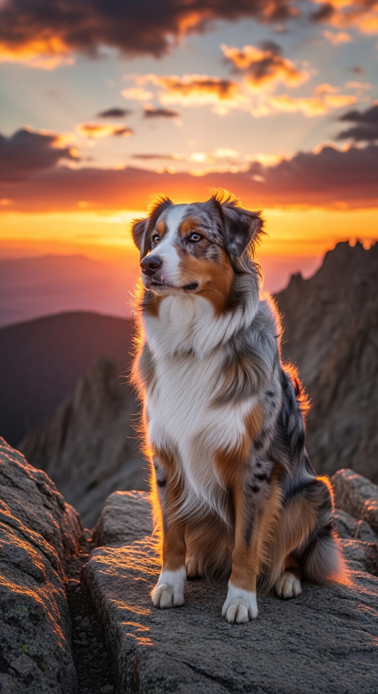 Australian Shepherd sitting on rocky trail overlook at sunset