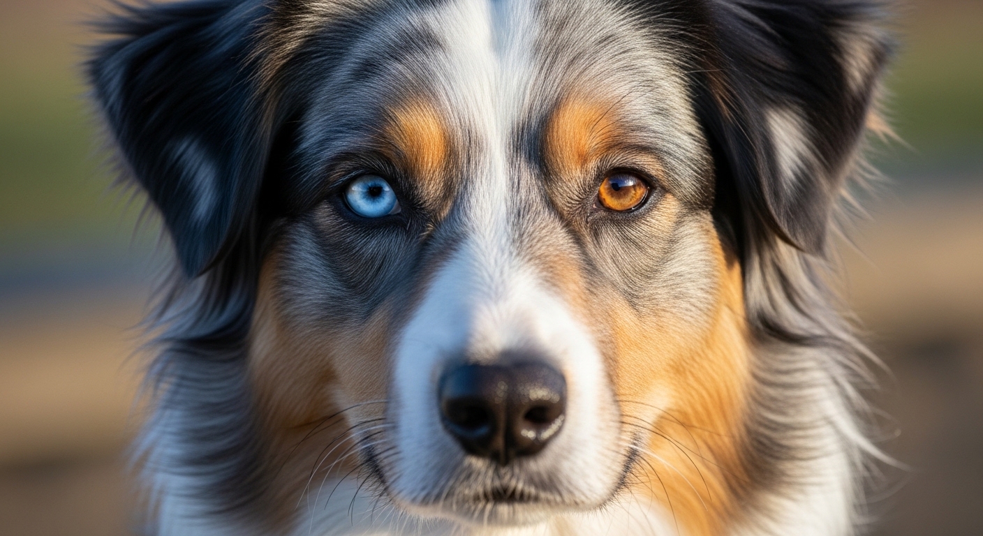 Blue merle Australian Shepherd with heterochromia eyes close-up