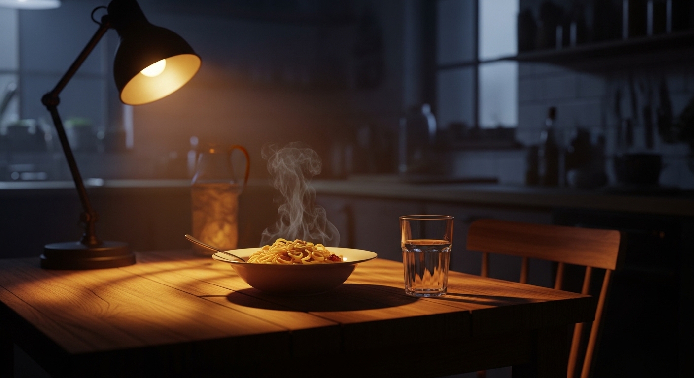 Pasta in Küche bei Nacht mit Lampenlicht