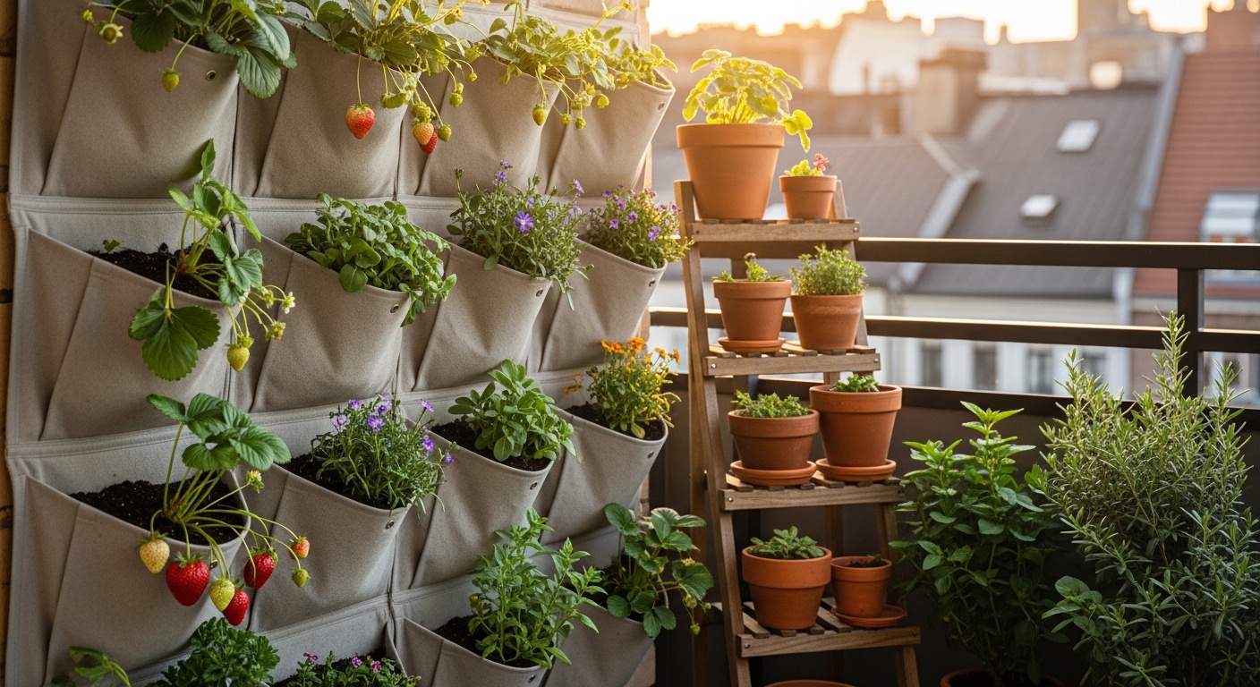 Vertical fabric pocket planters and tiered stand on urban balcony