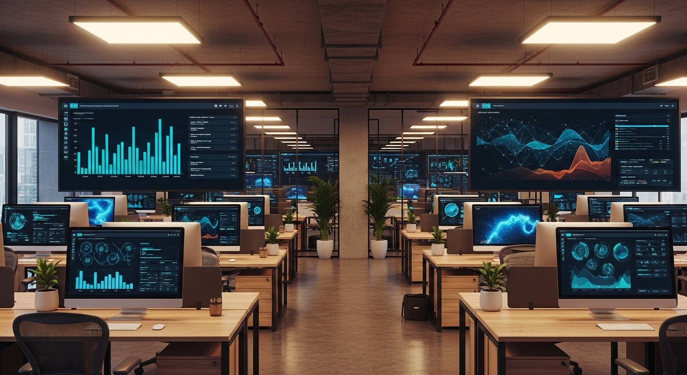 Modern office with analytics dashboards on multiple screens