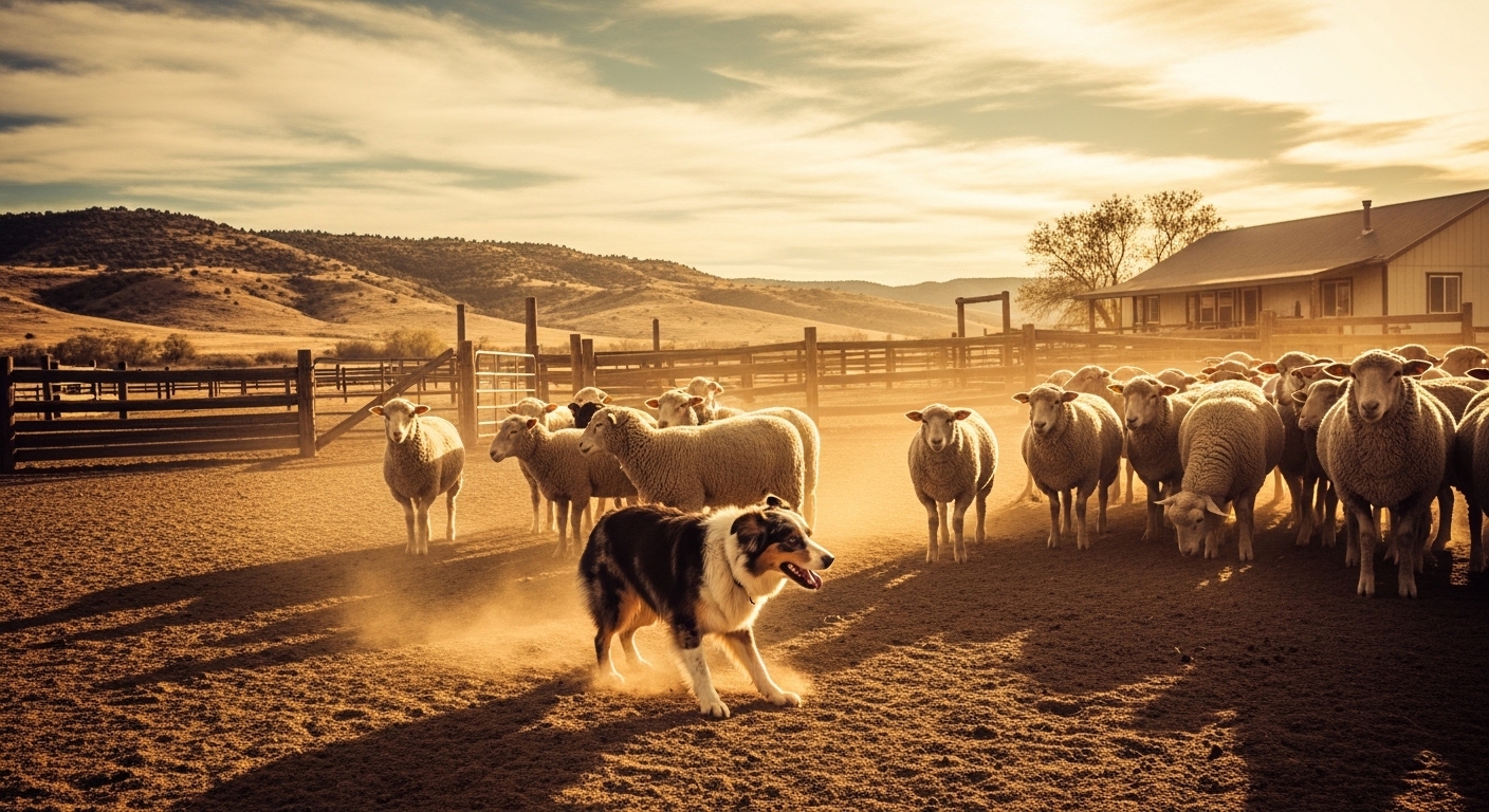 Australian Shepherd herding sheep on a dusty ranch paddock