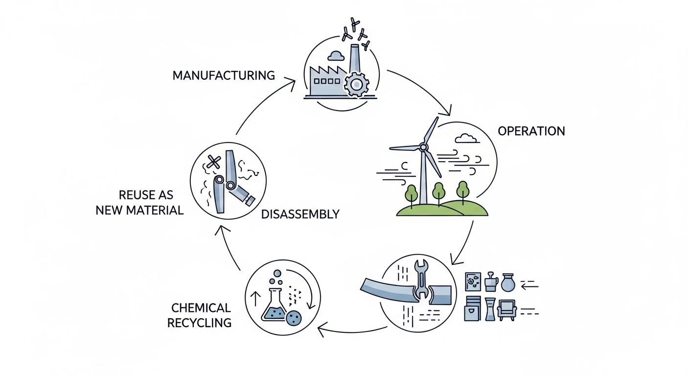 Diagrama del ciclo de vida y reciclaje de una pala de aerogenerador