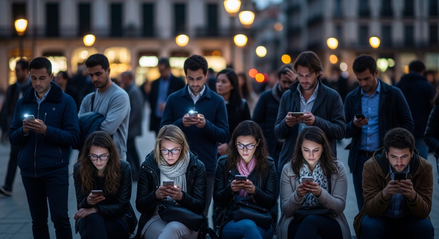 People using phones with varying social media access