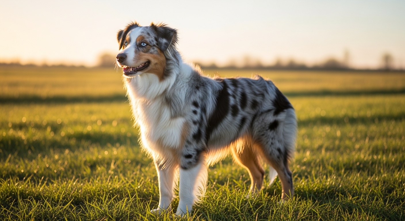 Australian Shepherd standing alert in a sunlit grassy field