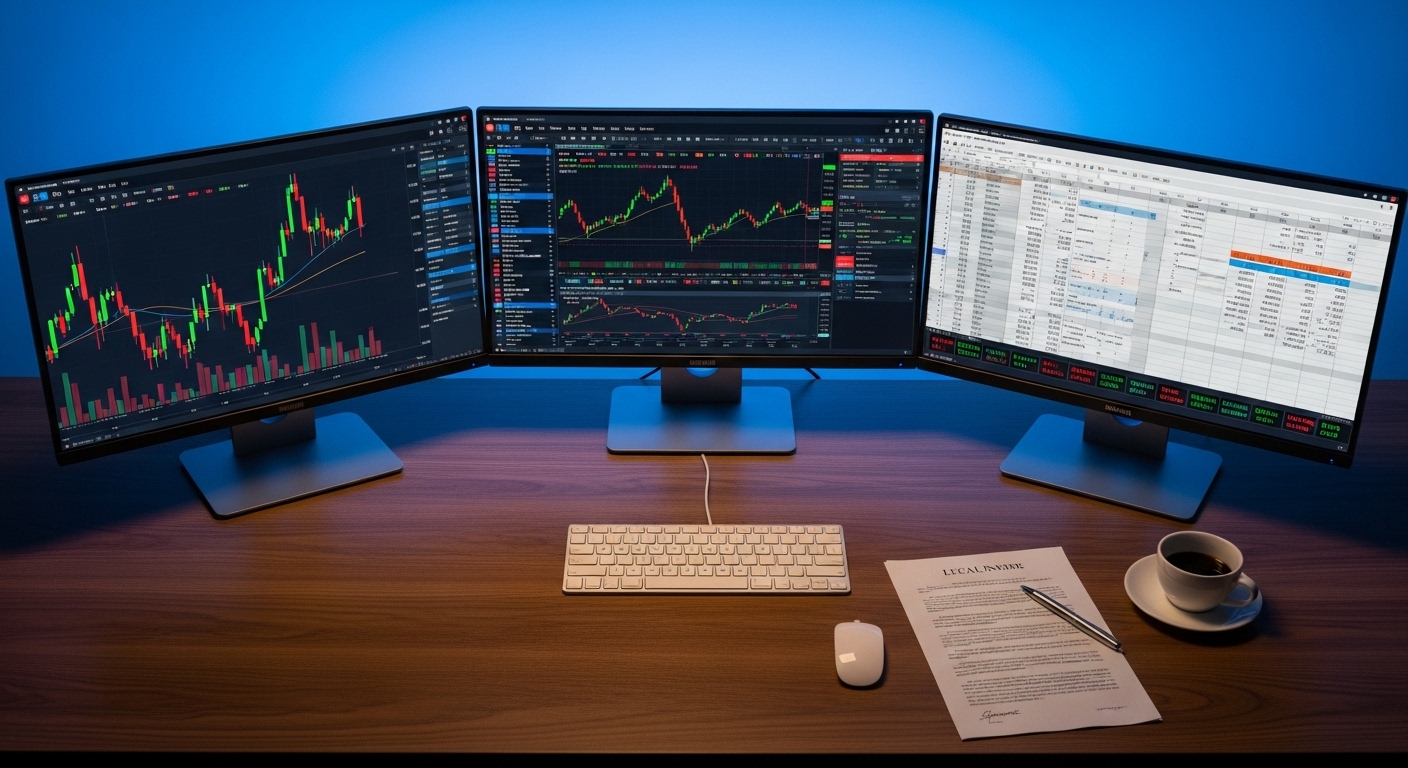 Meja analis keuangan dengan monitor data saham dan dokumen hukum