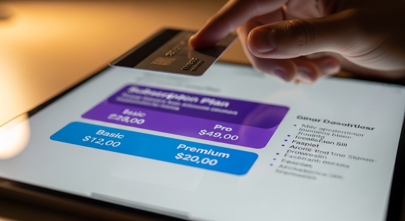 Hand with credit card near subscription plan on tablet
