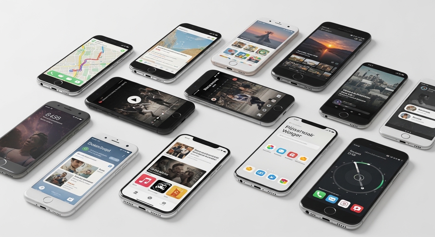 Multiple smartphones showing various app interfaces from above