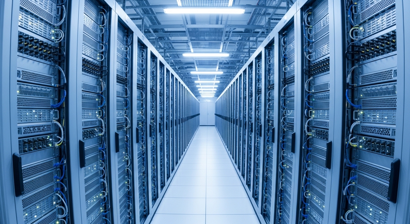 Large server room with illuminated rack servers