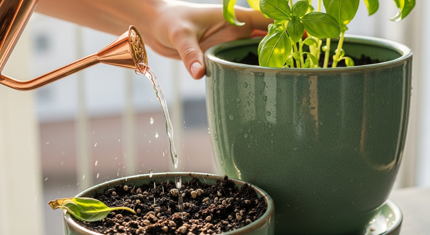 Hands watering a basil plant in a glazed ceramic pot with copper can