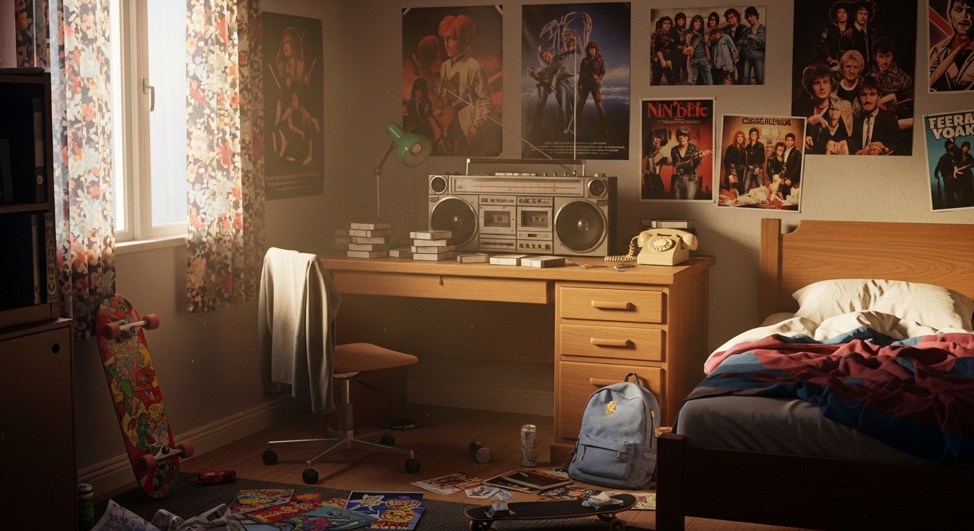 Habitación adolescente vintage con casetes y radiocasete