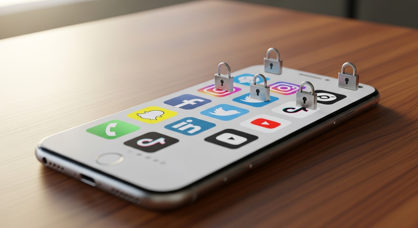 Smartphone with social media apps showing subscription locks