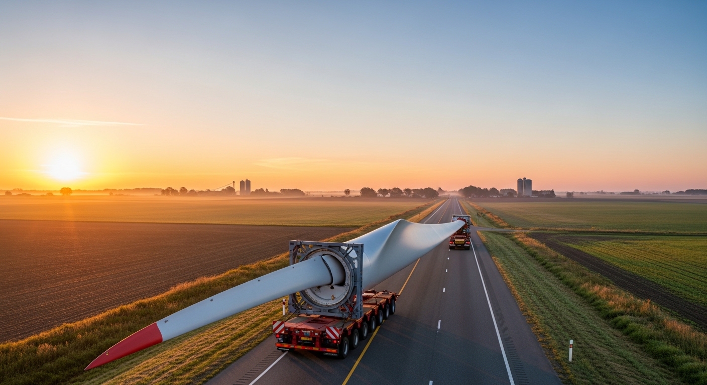 Transporte de una pala gigante de aerogenerador por carretera rural