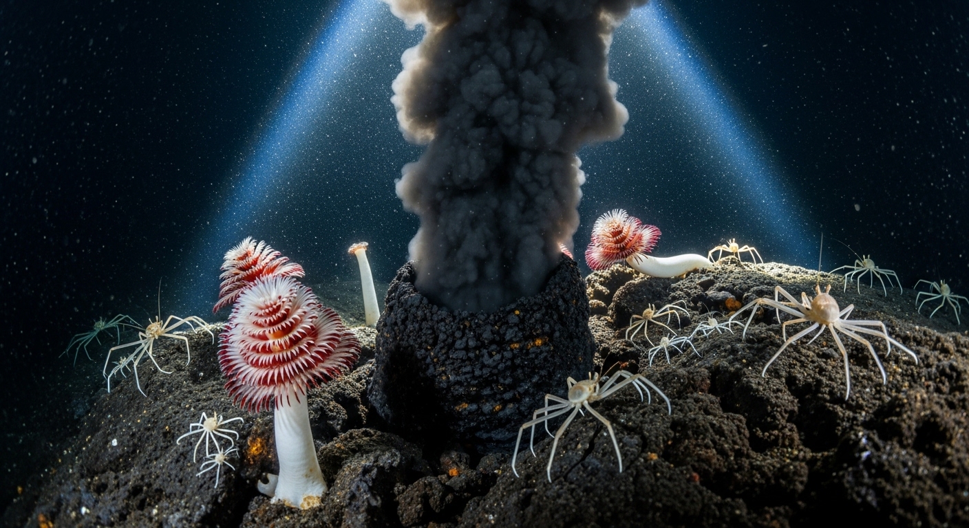 Black smoker hydrothermal vent with tube worms