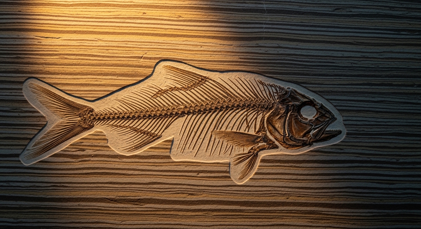 堆積岩に埋まった魚の化石の接写