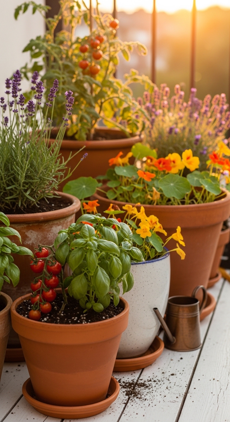 Golden hour balcony container garden with tomatoes, herbs, and flowers