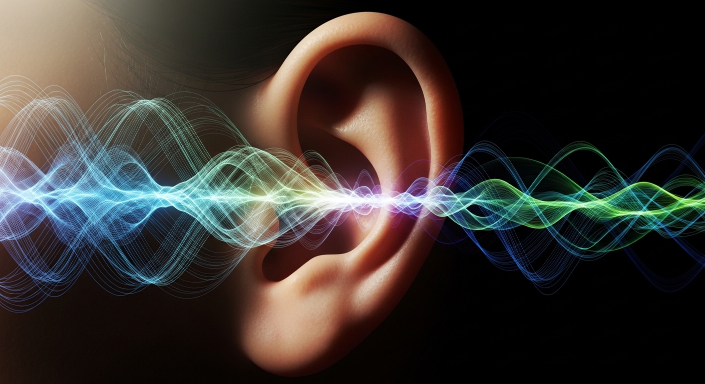Ondas de sonido entrando al oído humano, visualización artística