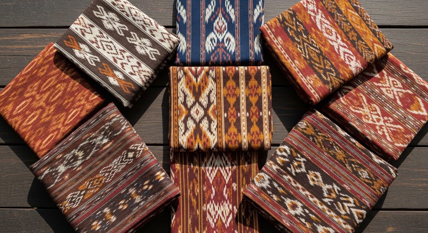 Overhead view of folded traditional Indonesian woven textiles