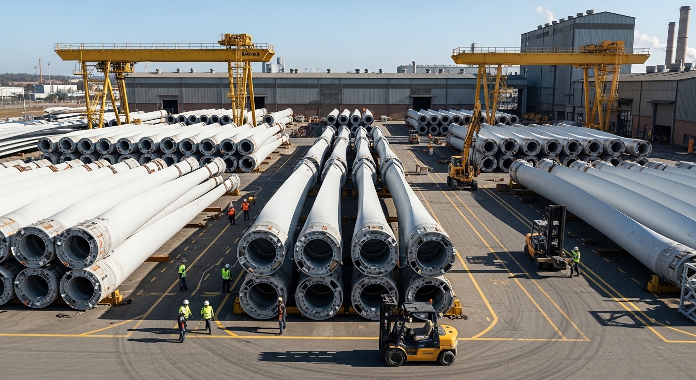 Vista aérea de instalación industrial con segmentos de palas de aerogenerador