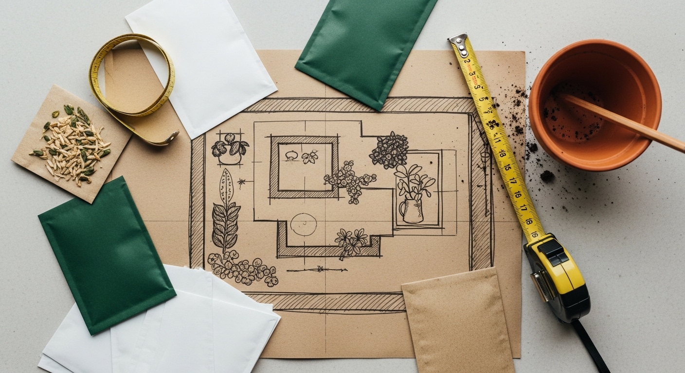 Overhead flat lay of balcony garden planning sketch with seed packets