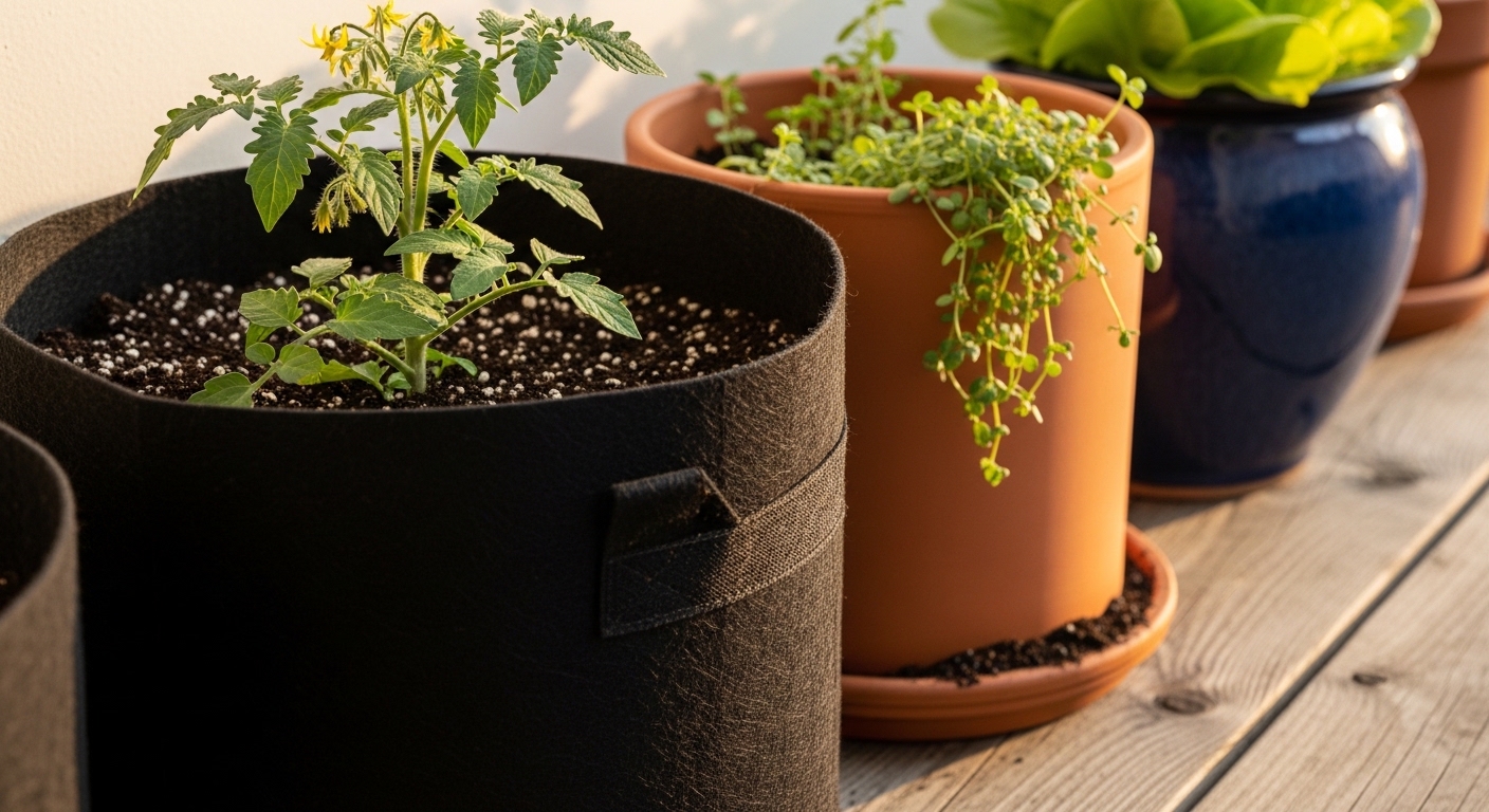 Row of fabric grow bags and ceramic pots with tomatoes and herbs