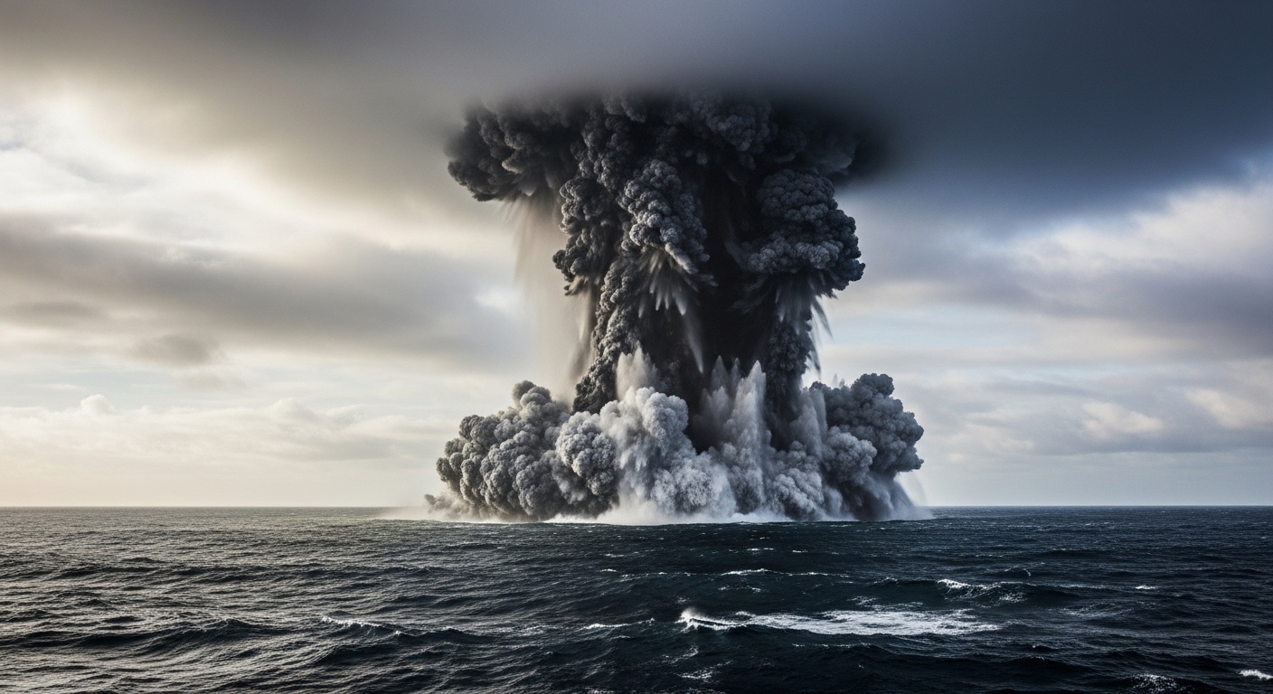 Underwater volcano eruption breaking ocean surface
