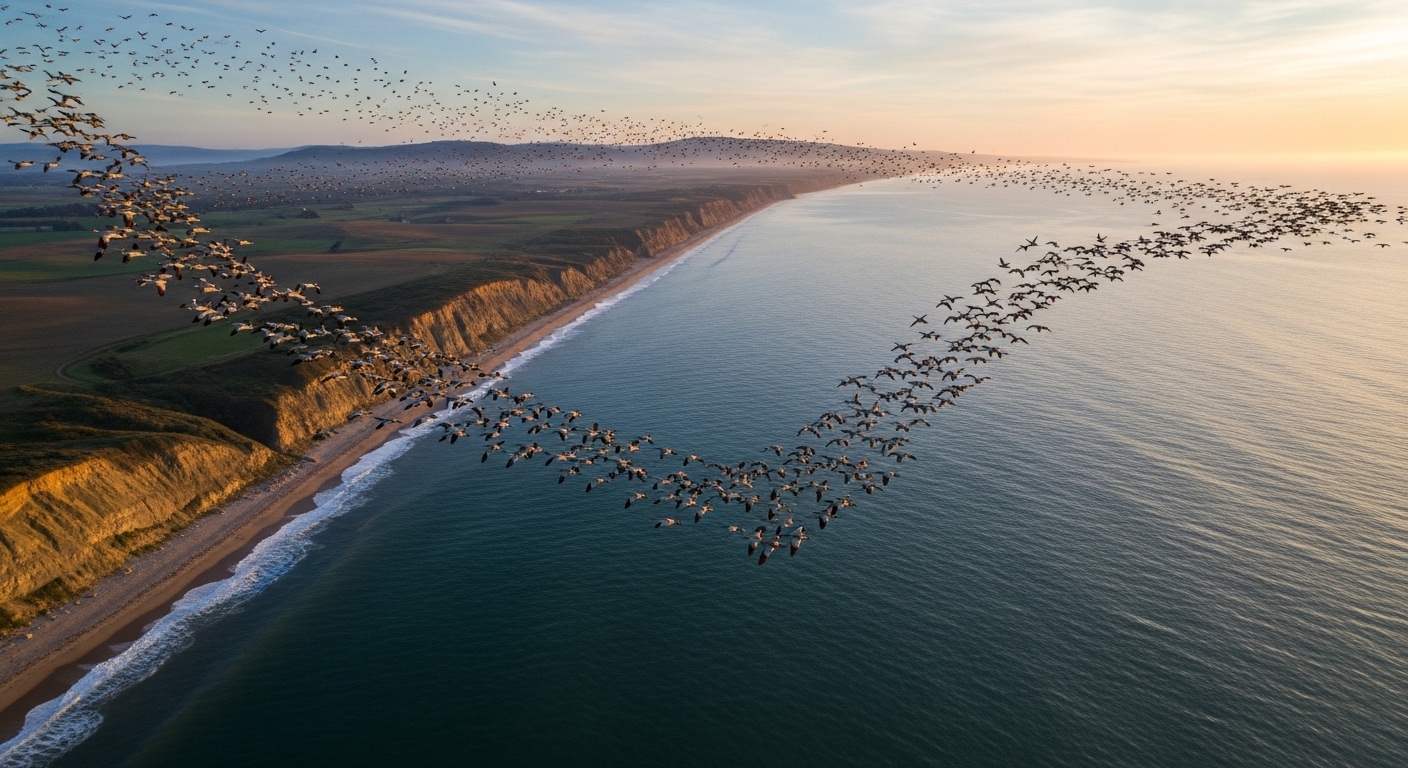 Migratory birds in V-formation over coastline at dawn