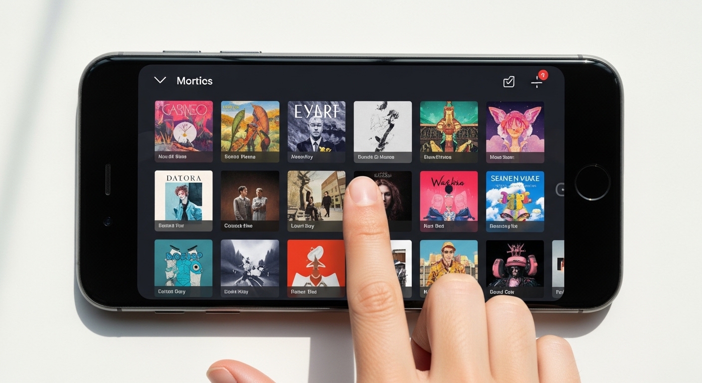 Vista aérea de playlist en smartphone con álbumes coloridos