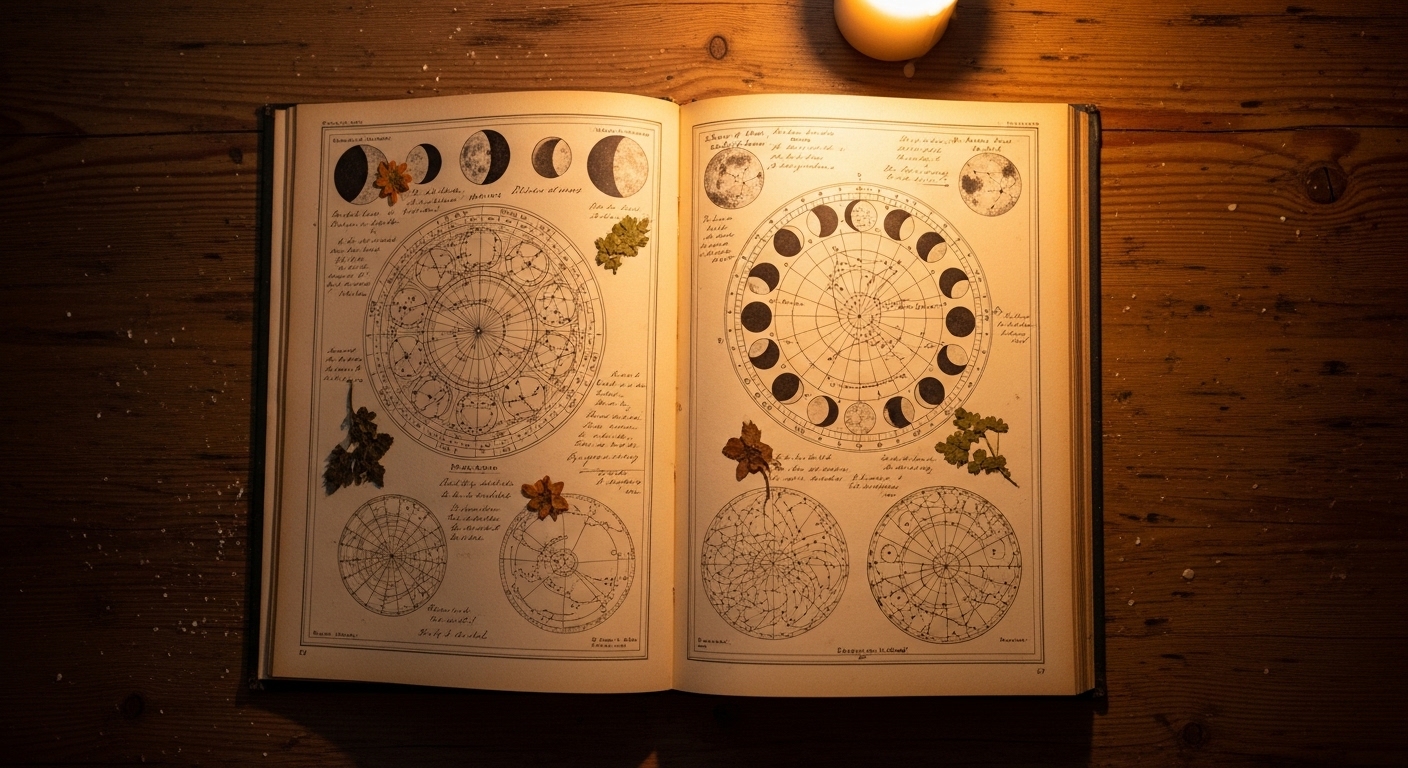 Aufgeschlagenes Almanach mit Mondphasen-Diagrammen