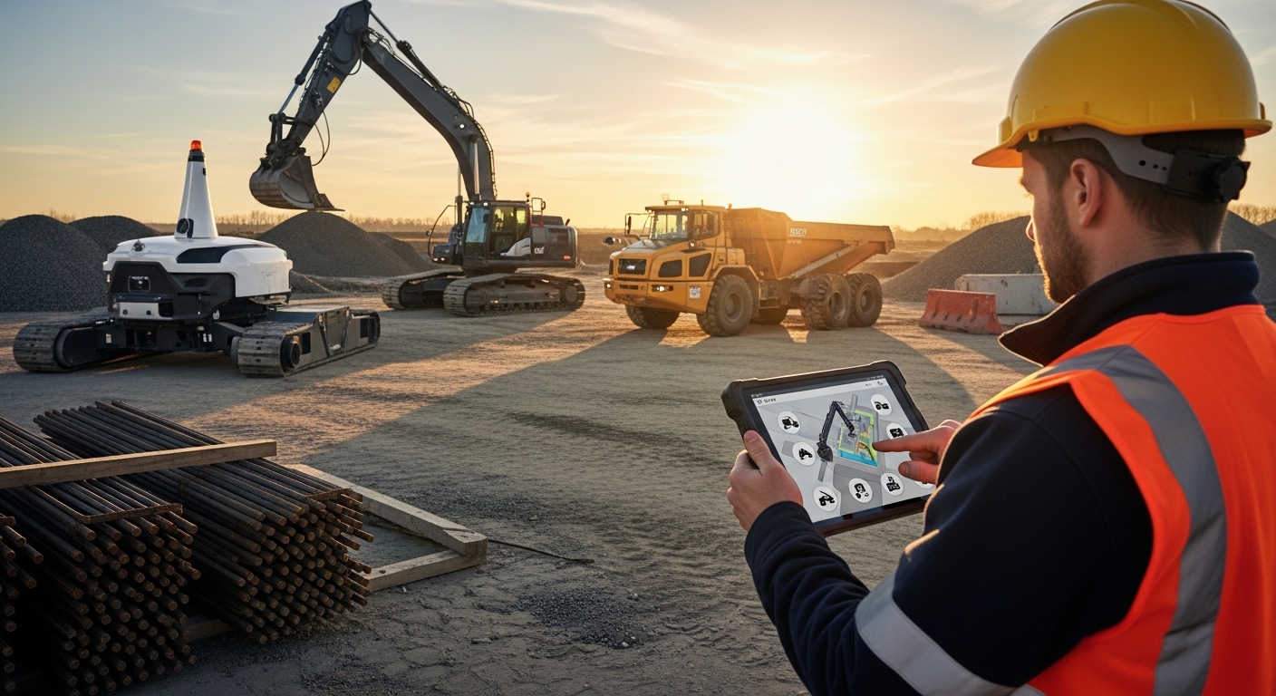 Trabalhador controlando equipamento autônomo por tablet