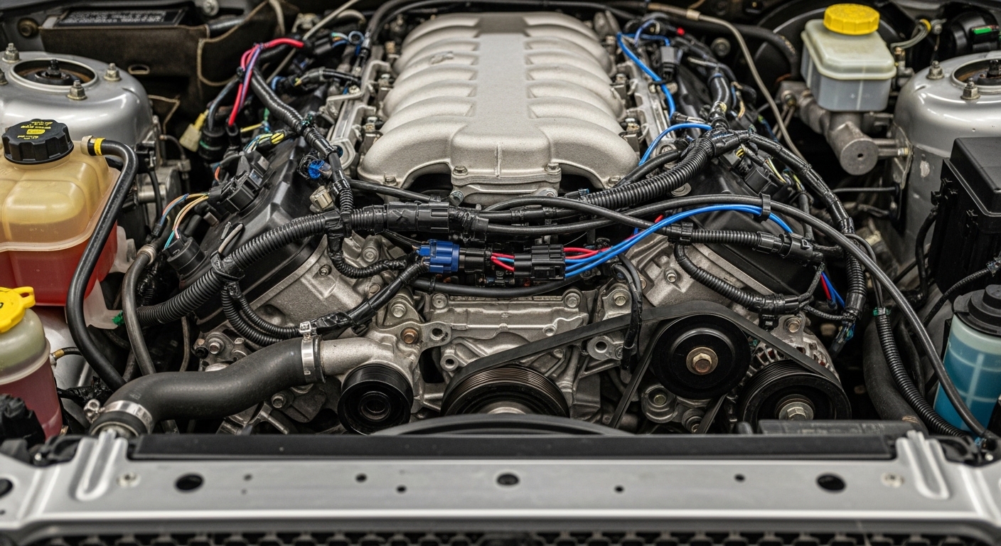 Close-up of front-mounted transverse engine in engine bay