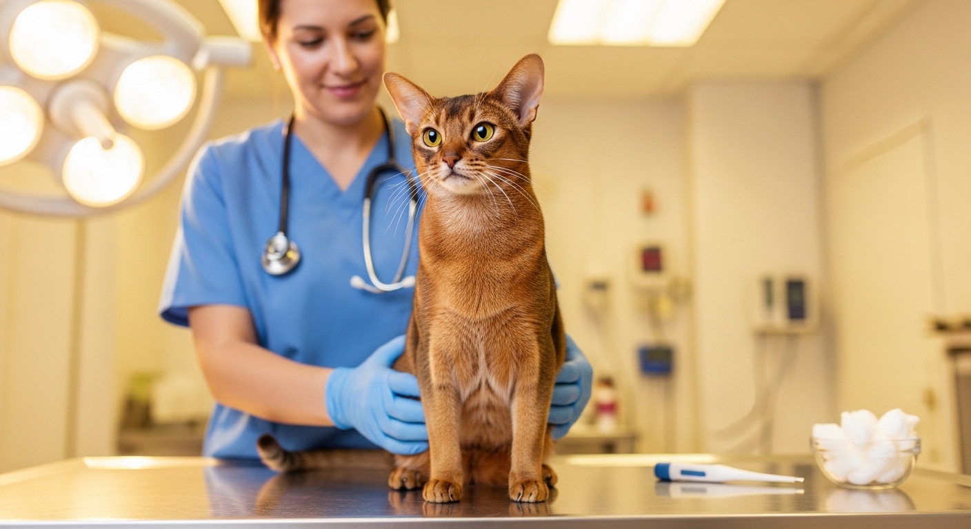 Abyssinian cat being examined calmly at a veterinary clinic
