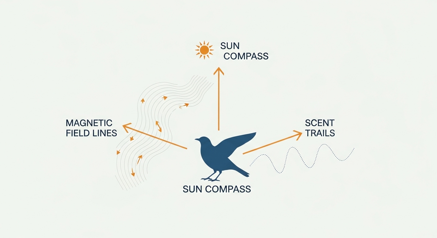 Diagrama de los tres sistemas de navegación de las palomas