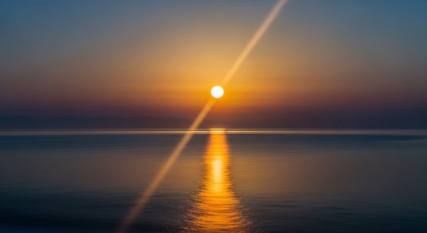 Orange full moon rising over calm ocean horizon