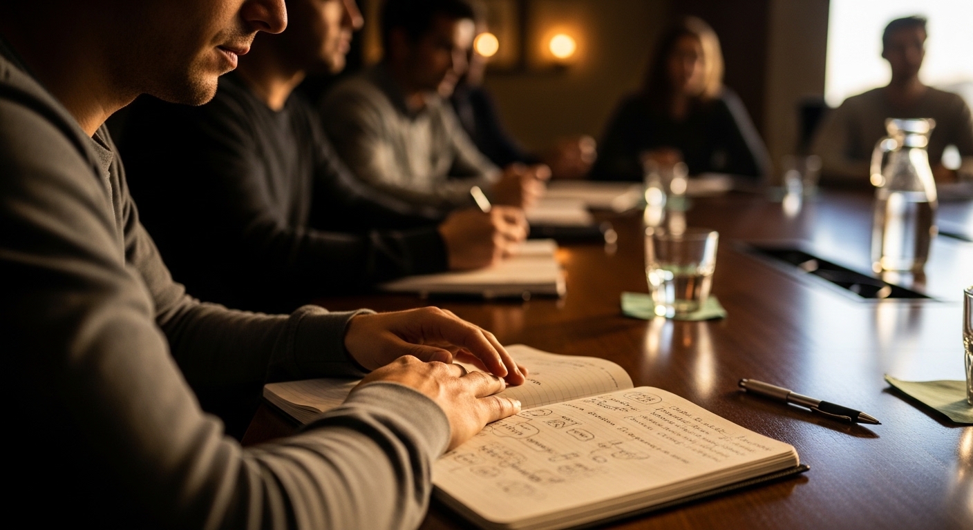 Pessoa rabiscando em caderno durante reunião de trabalho