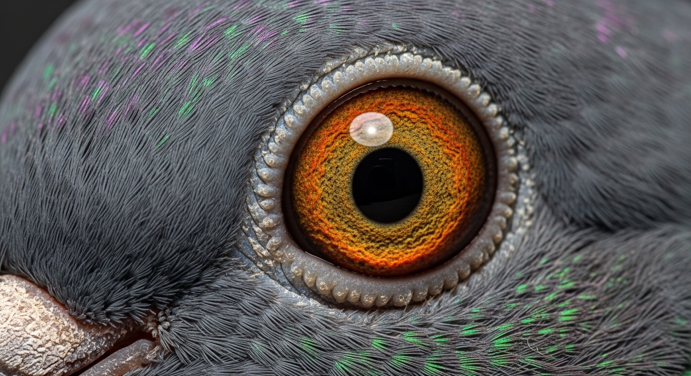 Primer plano del ojo y cabeza de una paloma mensajera