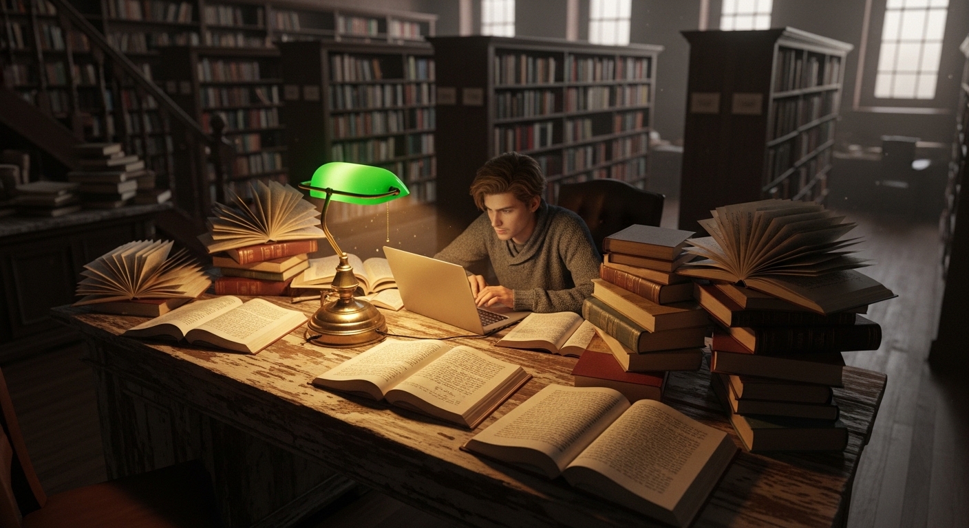 Researcher at library desk with open books and laptop