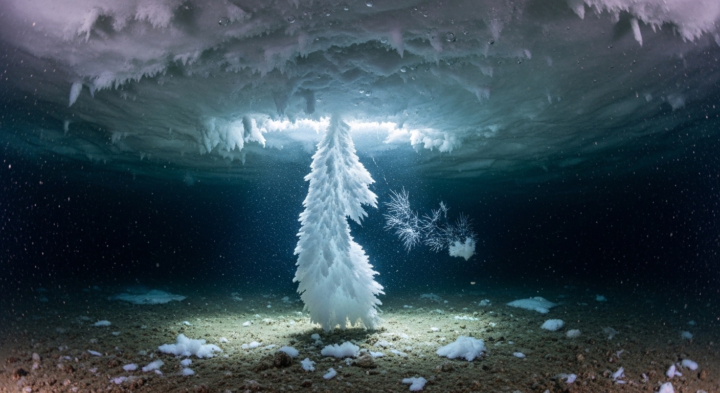 Brinicle icy column descending from sea ice underwater