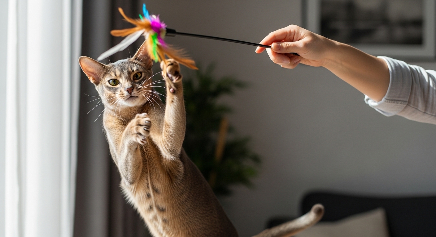 Abyssinian cat playing with feather wand toy indoors