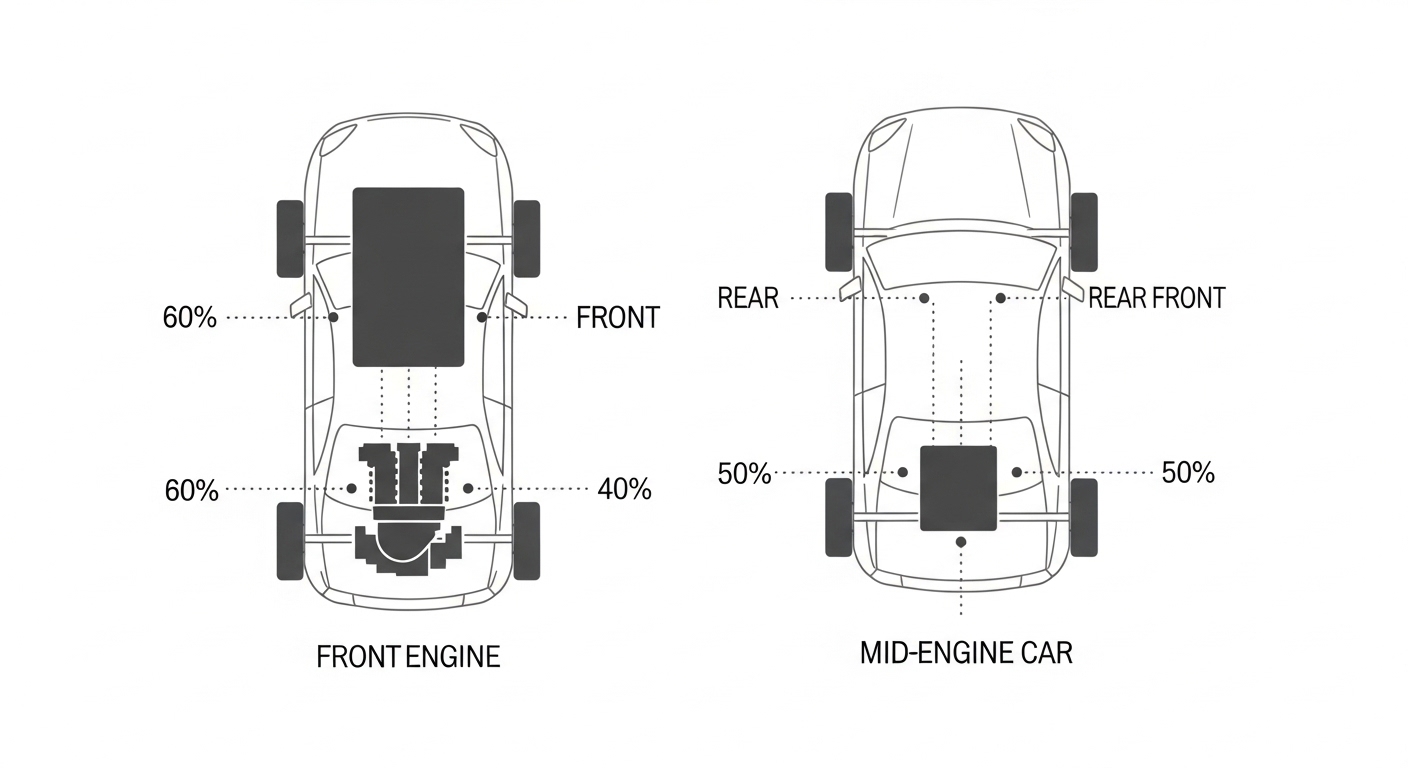 Overhead diagram comparing engine placement in two car layouts