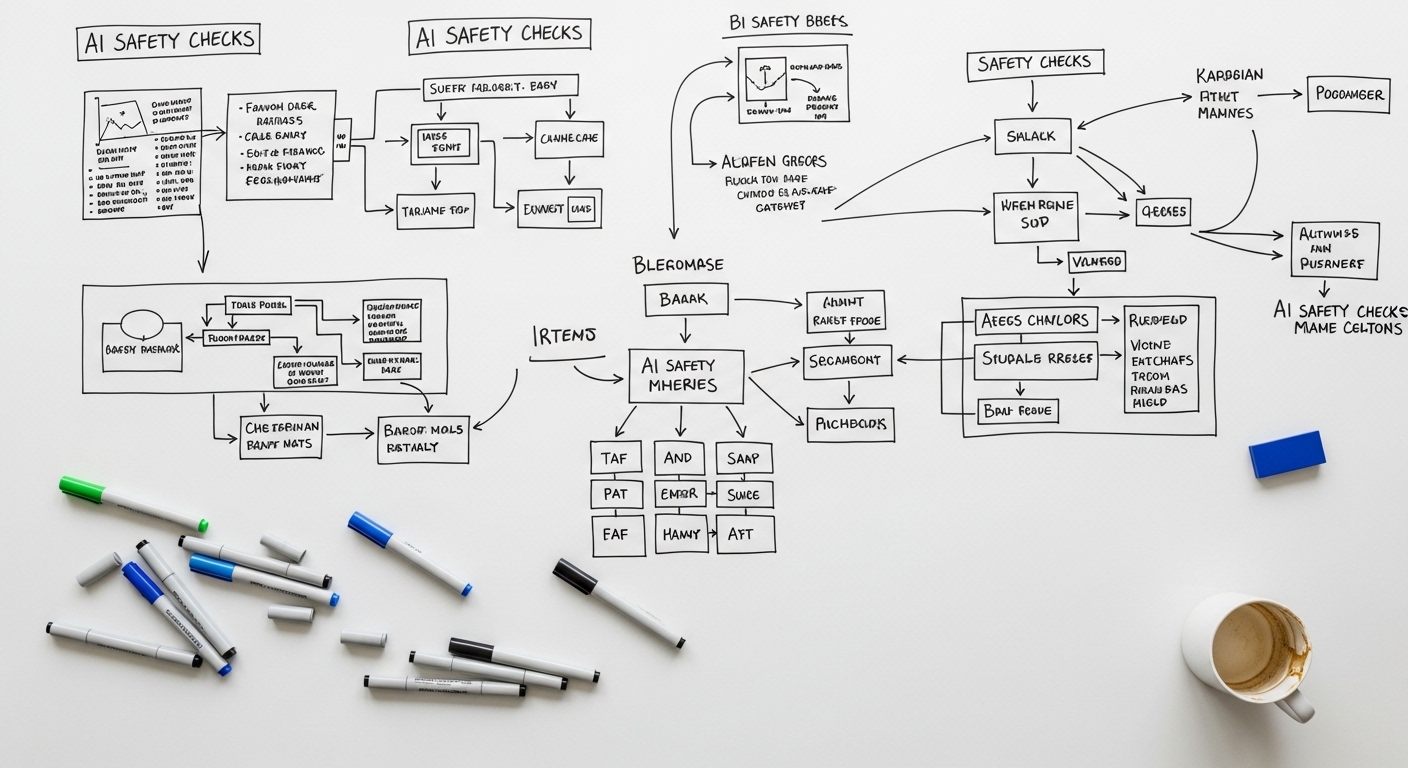 Whiteboard with AI safety flowcharts and diagrams overhead view
